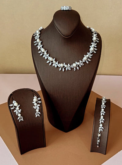 LOULA Swarovski and Pearl Jewelry Set with Necklace, Bracelet, Drop Earrings, and adjustable Ring