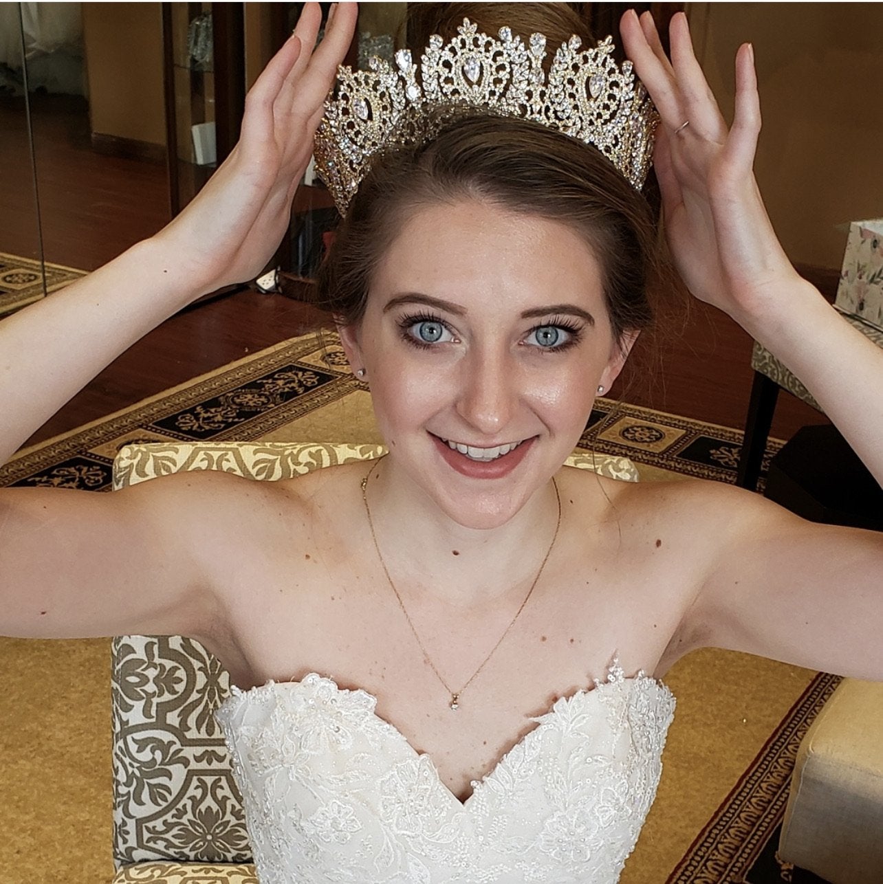 Ellee Real Bride Adorned with ANGELIKA Bridal Crown with Swarovski Stunning Crystals