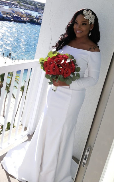 Ellee Real Bride Adorned with SYLVIE Swarovski Bridal Headpiece, Luxurious Wedding Hair Comb