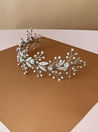 Ellee Real Bride Adorned with OKSANA Swarovski Wedding Headpiece with Stunning Pearls