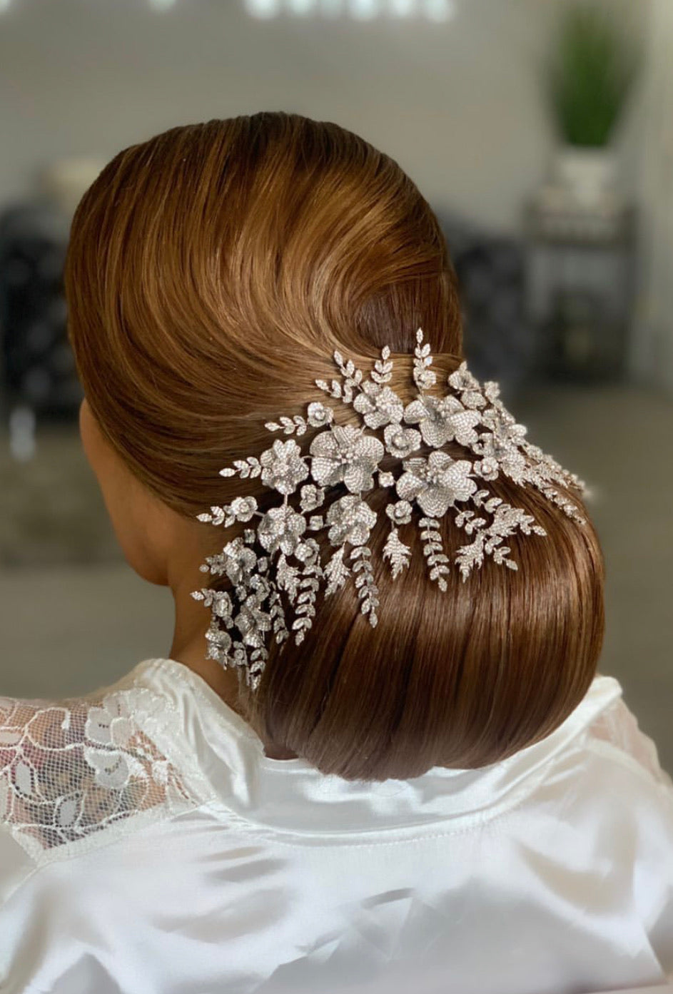 Gorgeous Bridal Hair Piece on a bun | Ellee Couture Boutique