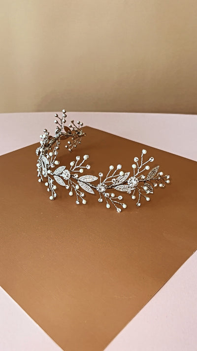 Ellee Real Bride Adorned with OKSANA Swarovski Wedding Headpiece with Stunning Pearls
