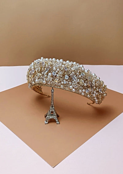 Ellee Real Bride Adorned with ROYAL DAPHNE Wedding Crown with 3D Swarovski Crystals & Pearls.