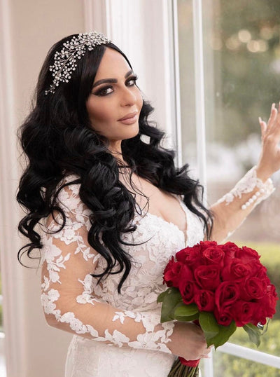 Ellee Real Bride Adorned with BRIELLE Swarovski Bridal Headpiece With Stunning Shine