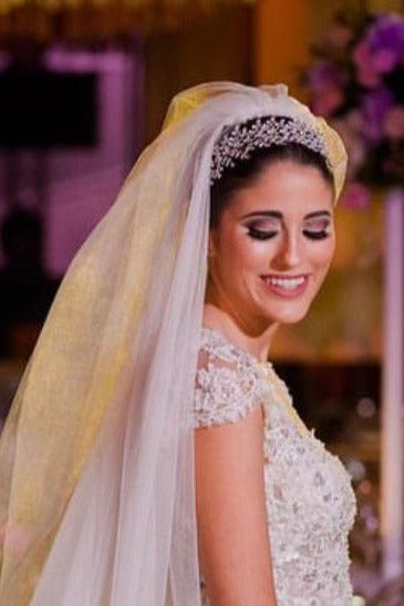 Simulated diamond bridal headband, silver-tone crystal band across the hairline