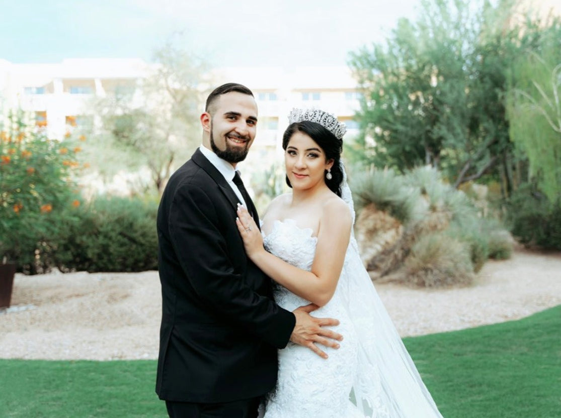 Ellee Real Bride Adorned with ANGELIKA Bridal Crown with Swarovski Crystals